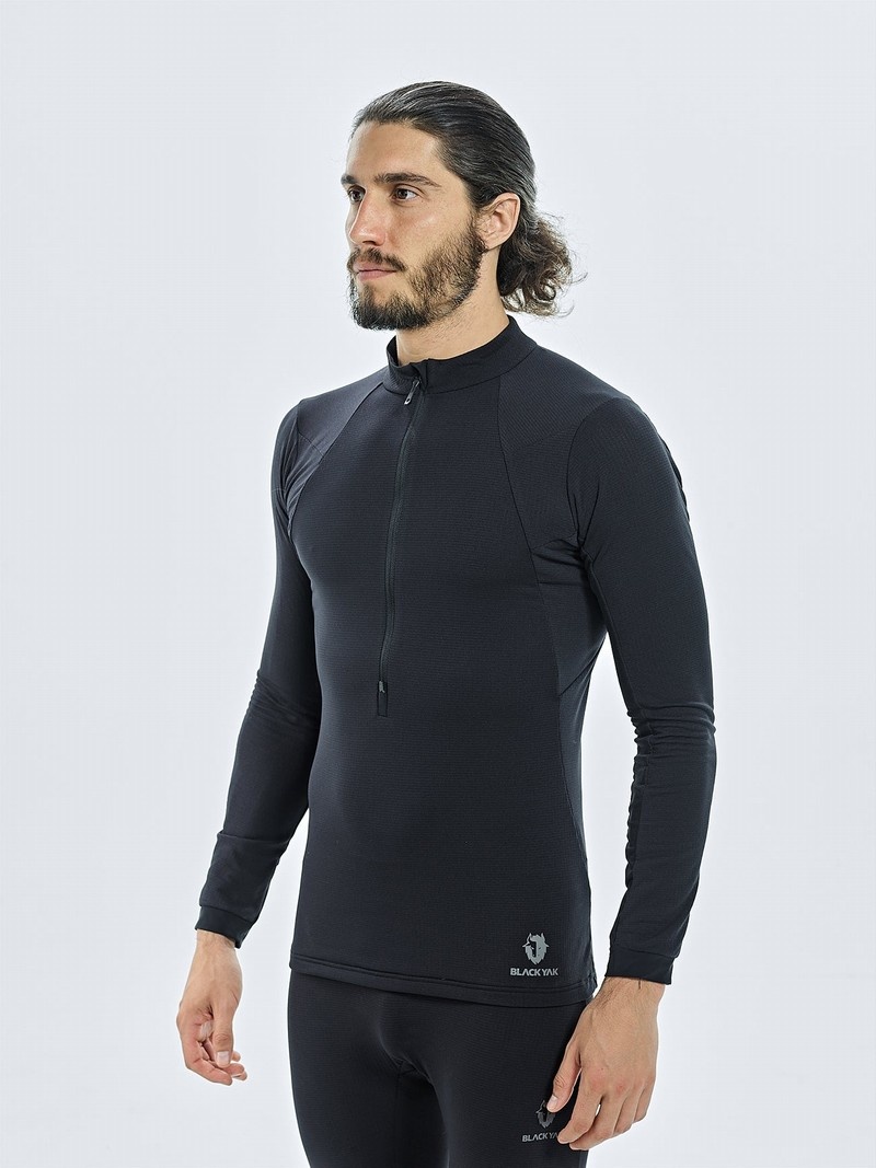 Black Men's Black Yak Chamar Fleece Half Zip Baselayer Long Sleeve | XO6FF265