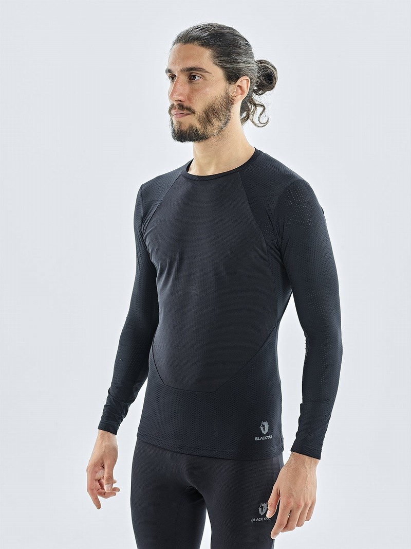 Black Men's Black Yak Chamar Fleece Roundneck Baselayer Long Sleeve | RC7LM604