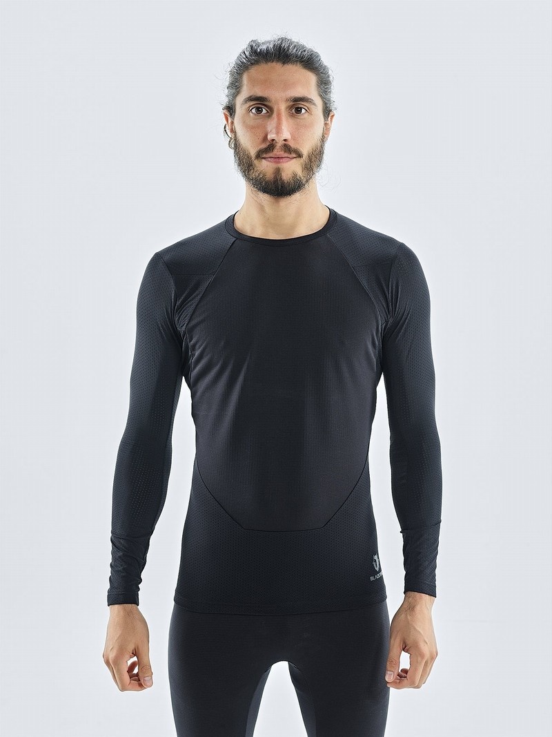 Black Men\'s Black Yak Chamar Fleece Roundneck Baselayer Long Sleeve | RC7LM604