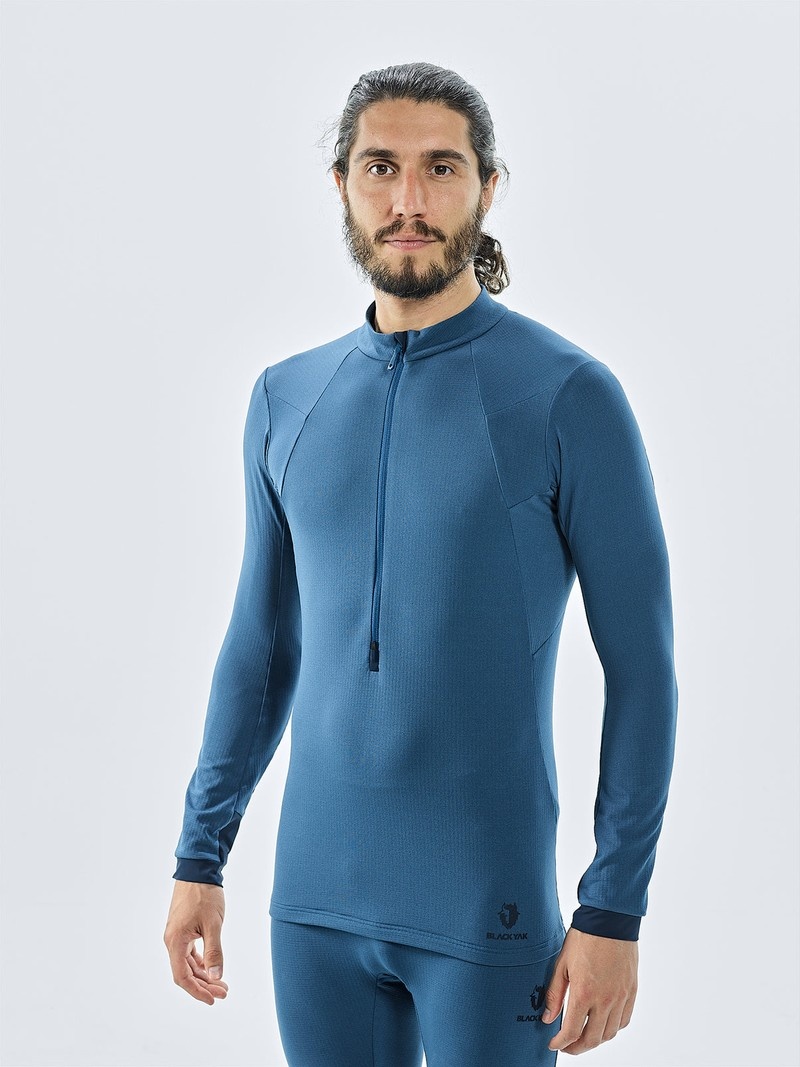 Blue Men's Black Yak Chamar Fleece Half Zip Baselayer Long Sleeve | FD1UI850