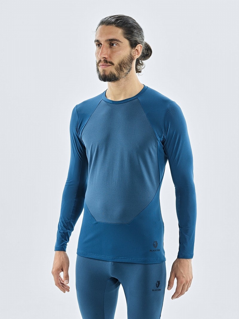 Blue Men's Black Yak Chamar Fleece Roundneck Baselayer Long Sleeve | JX5ZT940