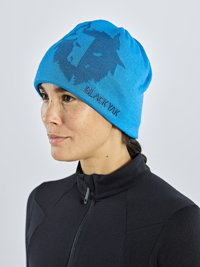 Blue Women's Black Yak Logo Knit Beanie | OI7QE540